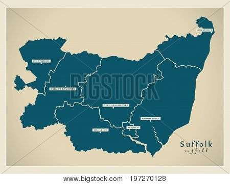 Modern Map - Suffolk County With Cities And Districts England Uk Illustration