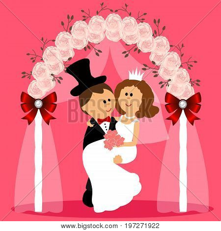 Wedding arch with bride and groom isolated on white background. Bride and groom. Wedding design. Wedding decoration. Vector illustration.
