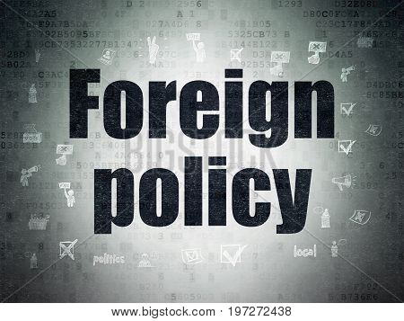 Politics concept: Painted black text Foreign Policy on Digital Data Paper background with  Hand Drawn Politics Icons