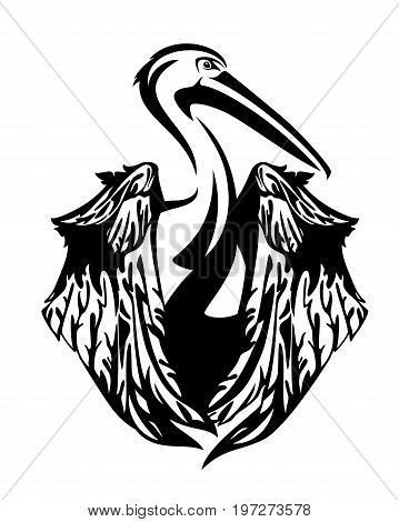 pelican bird with folded wings - black and white vector design