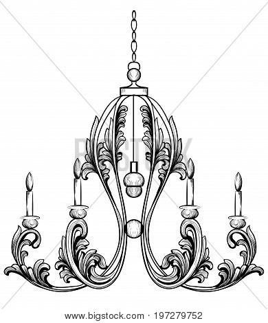 Rich Baroque Classic chandelier. Luxury decor accessory design. Vector illustration sketch