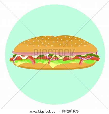 Flat vector delicious colorful big sub sandwich with bacon lettuce tomato pepper cheese onion. Tasty cartoon colorful fastfood symbol for cafe bar restaurant menu design.