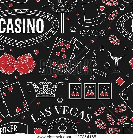 Casino theme. Seamless pattern with decorative elements on chalkboard. Gambling symbols. Vintage vector illustration