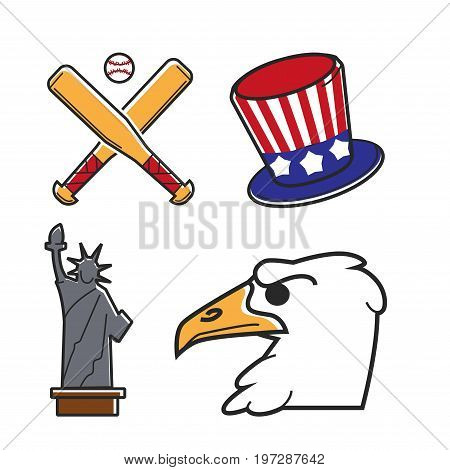 Most common symbols of United States of America isolated vector illustrations set. Wooden bates and white ball for baseball, hat with national flag pattern, statue of freedom and eagle profile.