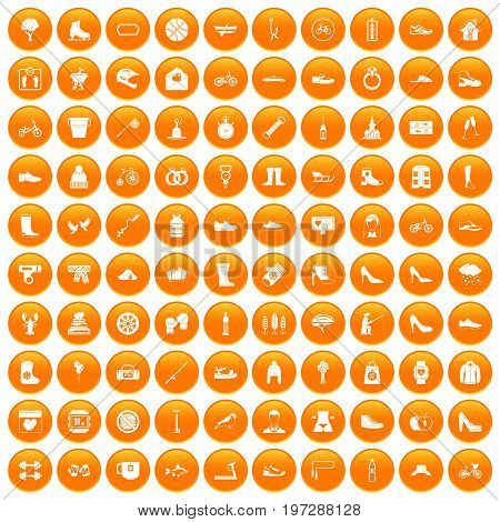 100 shoe icons set in orange circle isolated on white vector illustration