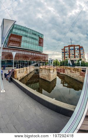 TIMISOARA ROMANIA - JULY 272017: Office buildings ensemble including the foundation of the old sluice the oldest in the history of the city discovered in the excavations and now integrated in this