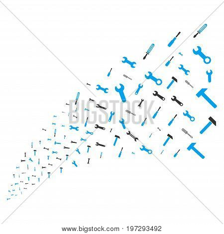 Source of repair tools icons. Vector illustration style is flat blue and gray iconic repair tools symbols on a white background. Object fountain constructed from icons.
