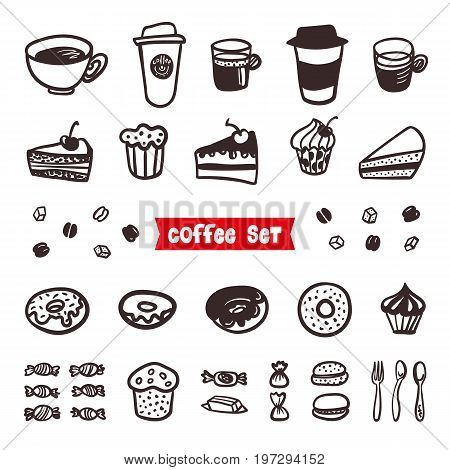 Coffee Attributes set. Outline Hand Drawn elements. Different cups of coffee Espresso, cappuccino, latte, ristretto, americano, raf, makiato, cheesecake, sweets, cupcakes, donuts and delicious cakes Coffee Sketch Background Vector illustration