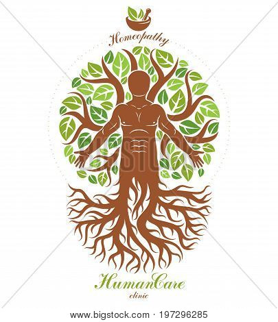 Vector graphic illustration of strong male depicted as continuation of tree and composed with mortar and pestle. Phytotherapy metaphor healthy lifestyle concept.