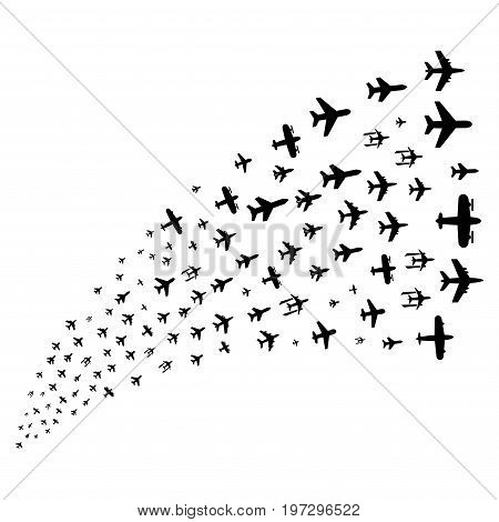 Stream of airplanes symbols. Vector illustration style is flat black iconic airplanes symbols on a white background. Object fountain constructed from icons.