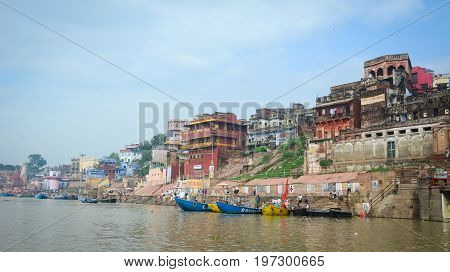 Ghats On Ganges Riverbank In Varanasi, India