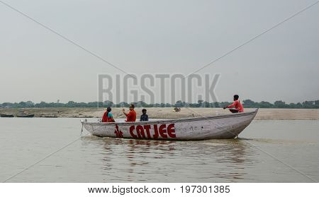 Tourist Boat On Ganges River In Varanasi, India