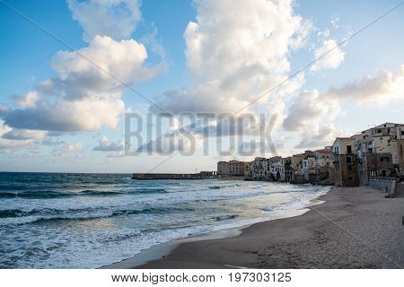 Touristic And Vacation Pearl Of Sicily, Small Town Of Cefalu, Sicily, South Italy, Sea View