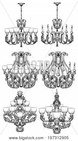 Rich Baroque Classic chandelier. Luxury decor accessory design. Vector illustration sketch