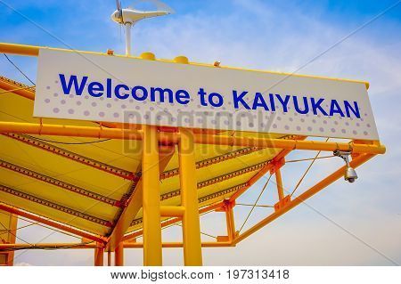 OSAKA, JAPAN - JULY 18, 2017: Informative sign near of Tempozan Ferris Wheel in Osaka, Japan. It is located in Tempozan Harbor Village, next to Osaka Aquarium Kaiyukan.