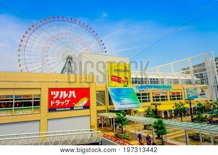 OSAKA, JAPAN - JULY 18, 2017: Close up frame trust of Tempozan Ferris Wheel in Osaka, Japan. It is located in Tempozan Harbor Village, next to Osaka Aquarium Kaiyukan.