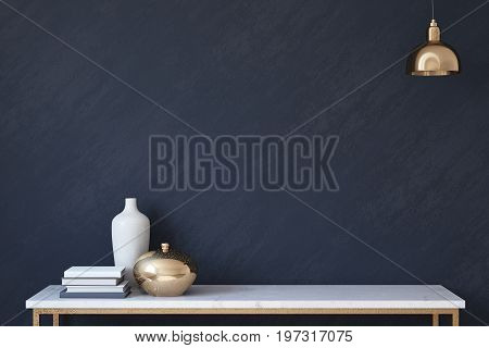 Interior mock-up with dack blue wall. Sticker mock-up.3d render.