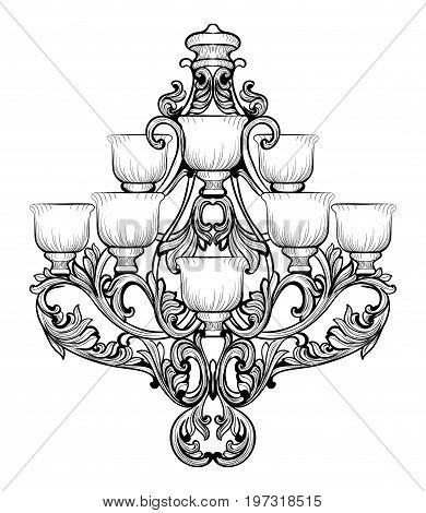 Rich Baroque Classic chandelier. Luxury decors accessory design. Vector illustration sketch