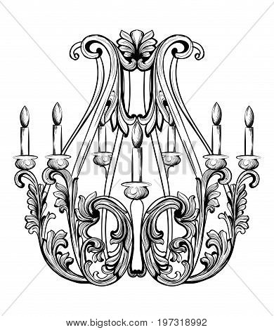 Rich Baroque Classic chandelier. Luxury decors accessory design. Vector illustration sketch