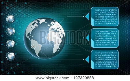 Planet Earth on the digital technology background. User HUD interface on the virtual dashboard. Stock vector illustration.