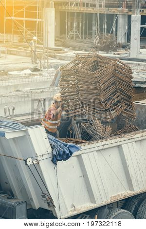 Crane Lifter Handling Bundles Of Angled Rebar Loading 2