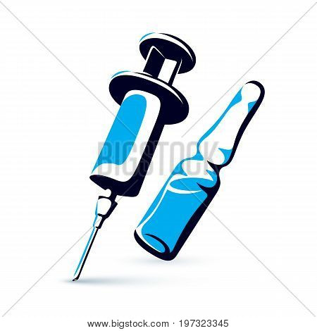 Vector graphic illustration of plastic disposable syringe for medical injections and ampoule with medicine. Antivirus vaccination concept.