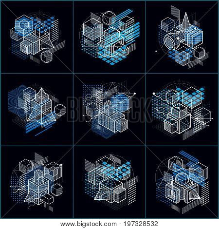 Abstract 3d shapes compositions vector isometric backgrounds. Compositions of cubes hexagons squares rectangles and different abstract elements. Vector collection.