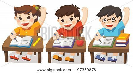 Children sitting at school desk and hand up to answer. Pupil raising hand in class.