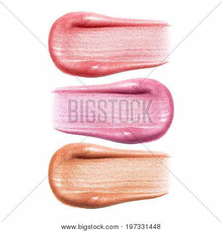 Set of different lip glosses smear samples isolated on white. Smudged makeup product sample