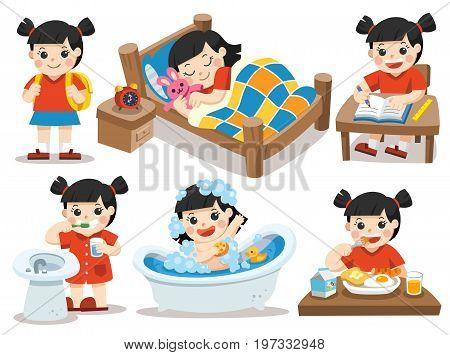 Isolated vector. The daily routine of Asian girl on a white background. [sleep brush teeth take a bath eat do homework]