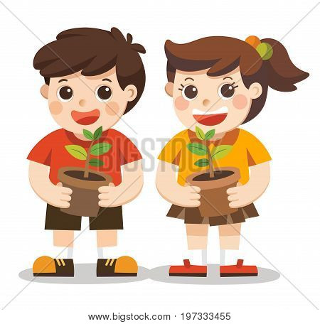 Isolated vector. Illustration of Kids is planting small plant in garden.