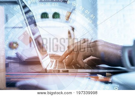 Side view of man hands typing on laptop kyeboard placed on office desktop with coffee cup supplies and digital business hologram. Technology and network concept. Double exposure