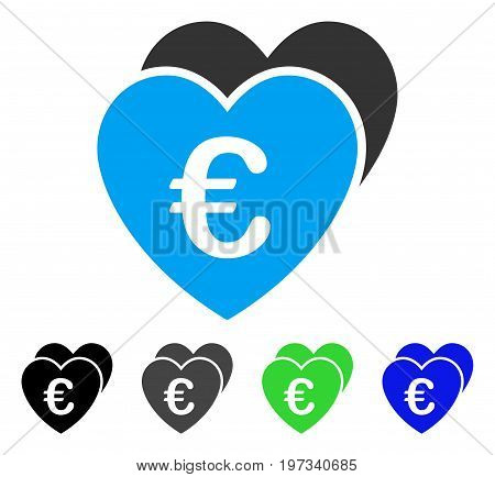 Euro Favorites Hearts flat vector icon. Colored euro favorites hearts gray, black, blue, green icon versions. Flat icon style for web design.