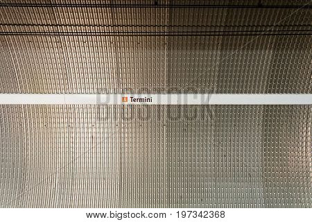 Termini Sign On Metal Wall Of Railroad Platform Rome
