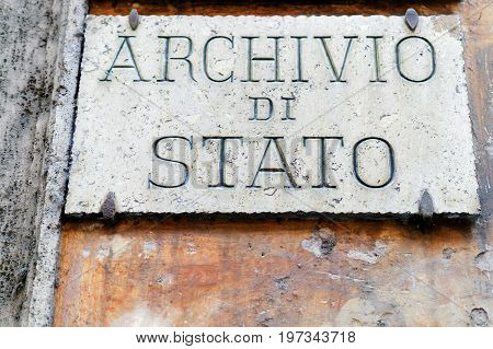 Archivio Di Stato Street Sign On Wall In Rome