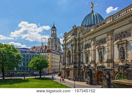 DRESDEN, GERMANY - MAY 8, 2017: Dresden old town Germany Dresden, Germany. Frauenkirche Cathedral church