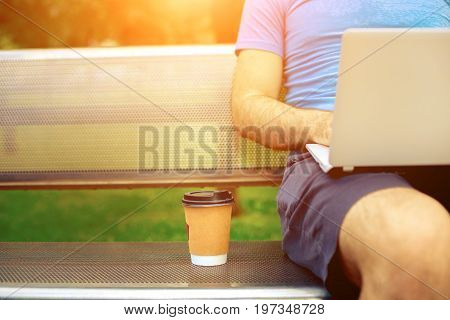 Freelance work.Casual dressed man sitting at wooden beanch inside garden working on computer.. Sun flare