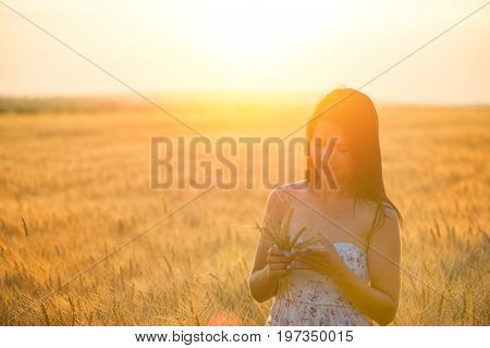 beautiful woman with a wheat bouguet in wheat field at sunset
