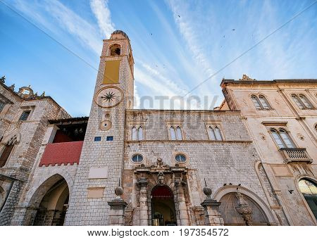 Belfry In Stradun Street In Old City Dubrovnik