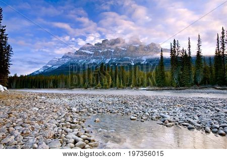 Early morning light on Castle Mountain in Banff National Park, Alberta, Canada