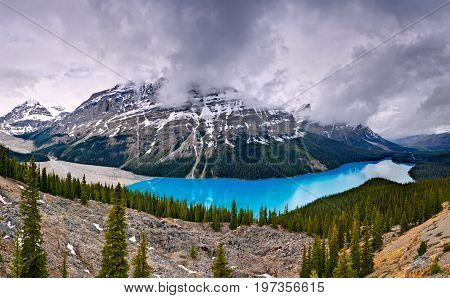 Peyto Lake in Banff National Park, Alberta, Canada on an overcast day