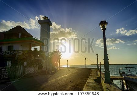 View of sunset on the waterfront in Rio Lagartos in Mexico