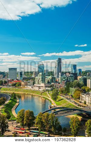 Bridge Over Neris River And Financial District Vilnius Baltic