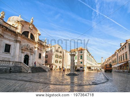 Square At St Blaise Church And People On Stradun Dubrovnik
