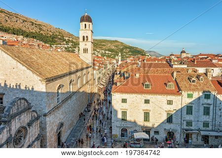 Rooftop View On Stradun Street And People Old City Dubrovnik