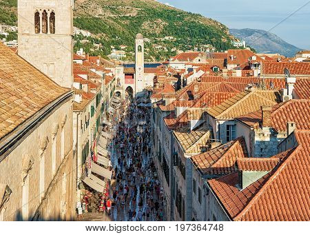 Rooftop View Of Stradun Street And People Old City Dubrovnik
