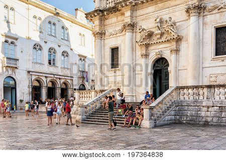 People At Steps Of St Blaise Church In Stradun Dubrovnik