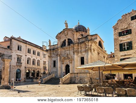 People And Terrace Cafe At St Blaise Church Stradun Dubrovnik