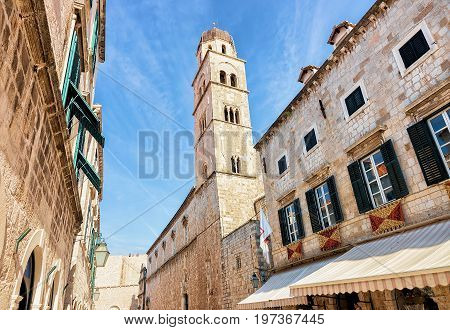 Belfry At Stradun Street In Old Town Dubrovnik