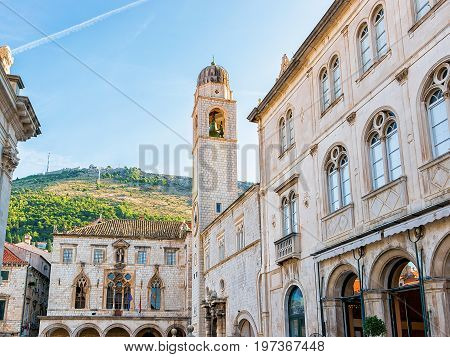 Belfry At Stradun Street In Old City Dubrovnik